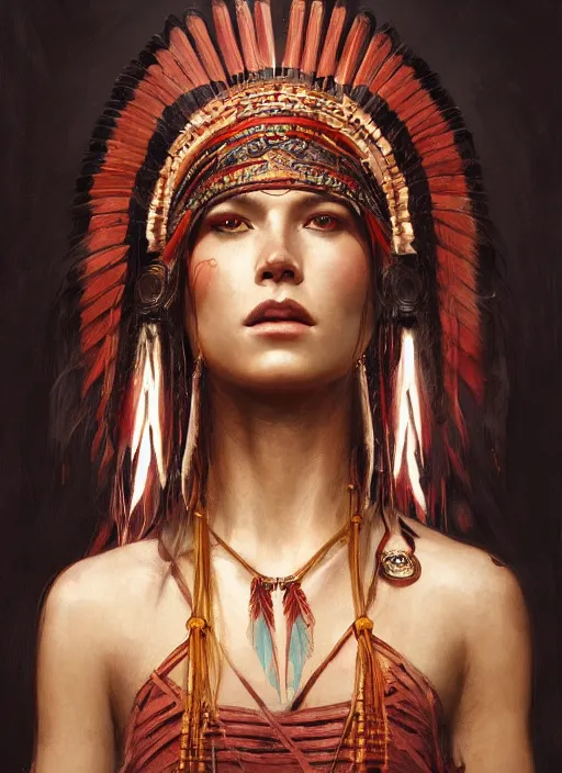 Image similar to gorgeous redskin woman wearing headdress, intricate, elegant, highly detailed, artstation, concept art, smooth, sharp focus, illustration, art by greg rutkowski and stefan kostic and bouguereau