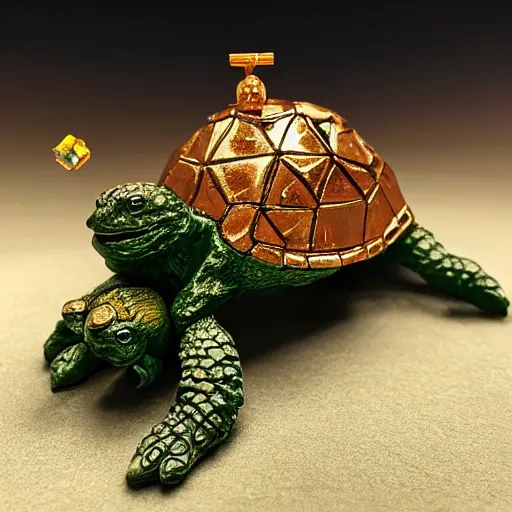 Prompt: wojak overlord with crown riding a turtle with ape next to it holding bag of gems intricate, realistic, photography