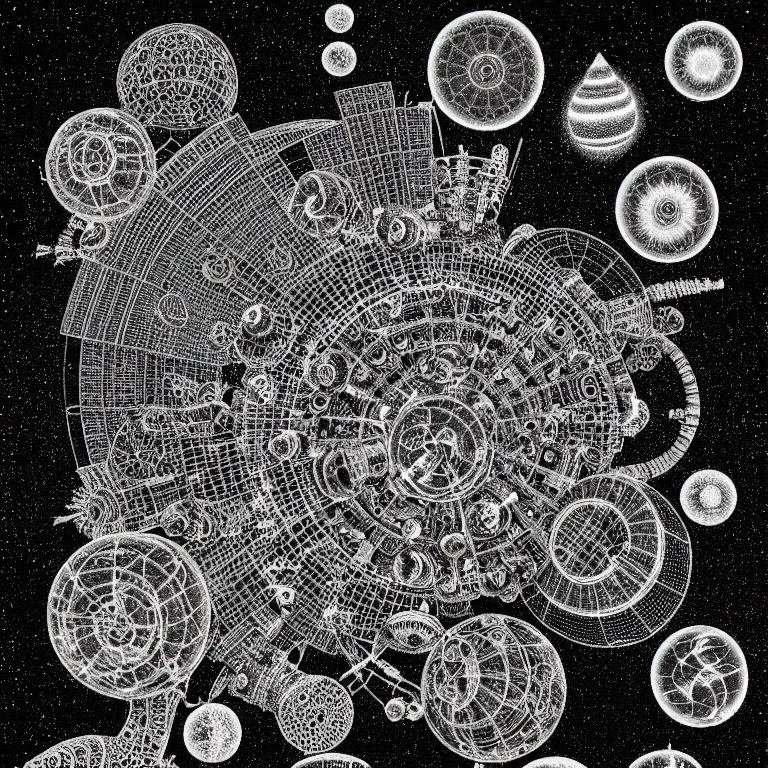 Prompt: ! dream a black and white drawing of a space station filled with equipment, a microscopic photo by ernst haeckel, zbrush central, kinetic pointillism, bioluminescence, intricate patterns, photoillustration