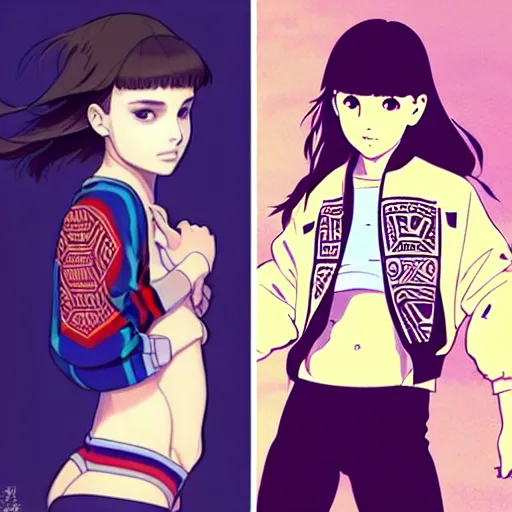 Image similar to a beautiful! boyish! natalie portman alluring gravure! model, wearing oversized aztec bomber jacket and leotard, poofy bomber jacket with mayan patterns, gapmoe yandere grimdark, trending on pixiv fanbox, painted by greg rutkowski makoto shinkai takashi takeuchi studio ghibli, akihiko yoshida