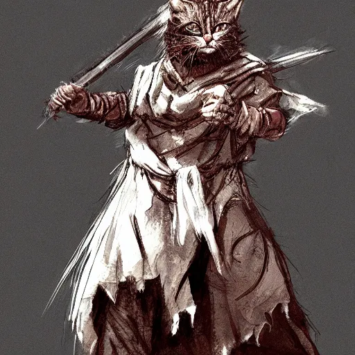 Prompt: dirty homeless humanoid cat wearing rags, wielding a broadsword, concept art, d & d, fantasy, trending on artstation