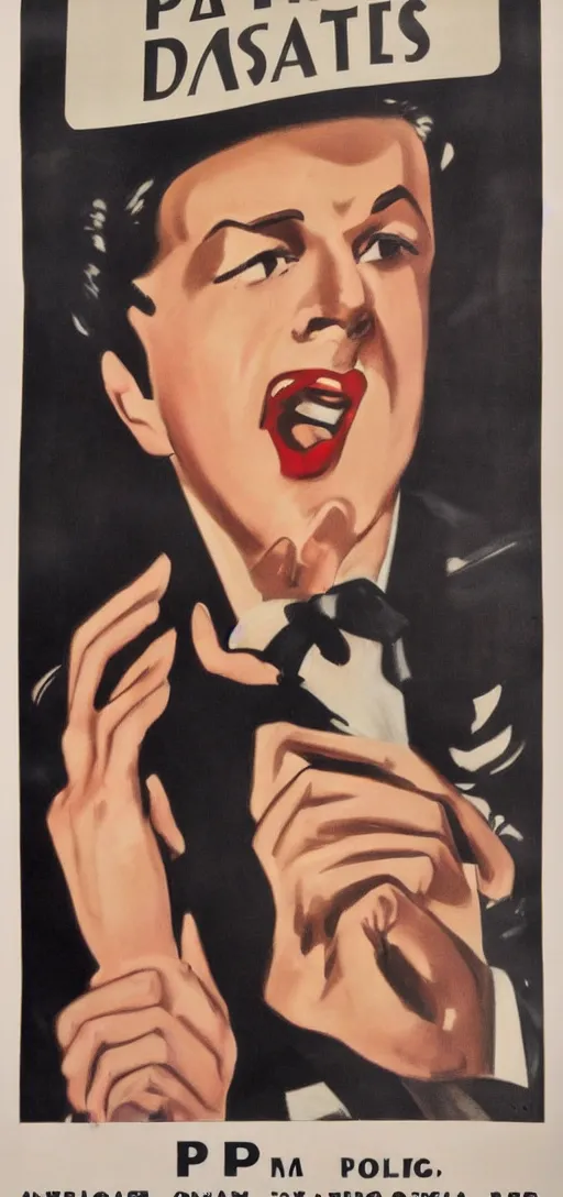 Image similar to portrait of a glamorous man with upset gesture, 1940s propaganda poster, full hd,highly detailed