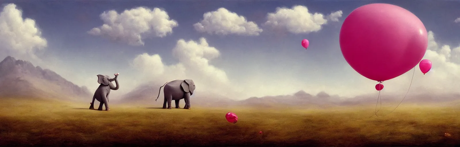Prompt: A pink elephant happily walking in a field of clouds, balloons in the sky, mountains in the background, illustration, detailed, smooth, soft, warm, by Adolf Lachman, Shaun Tan, Surrealism