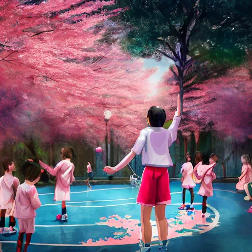 Prompt: tall woman wearing a blue jacket and pink shorts playing basketball against a group of kindergarteners wearing japanese school uniforms, complete detailed body, cherry blossom trees in background, moody atmosphere, digital art, highly detailed, high contrast, beautiful lighting, award winning, trending on art station, photorealistic, 8 k,