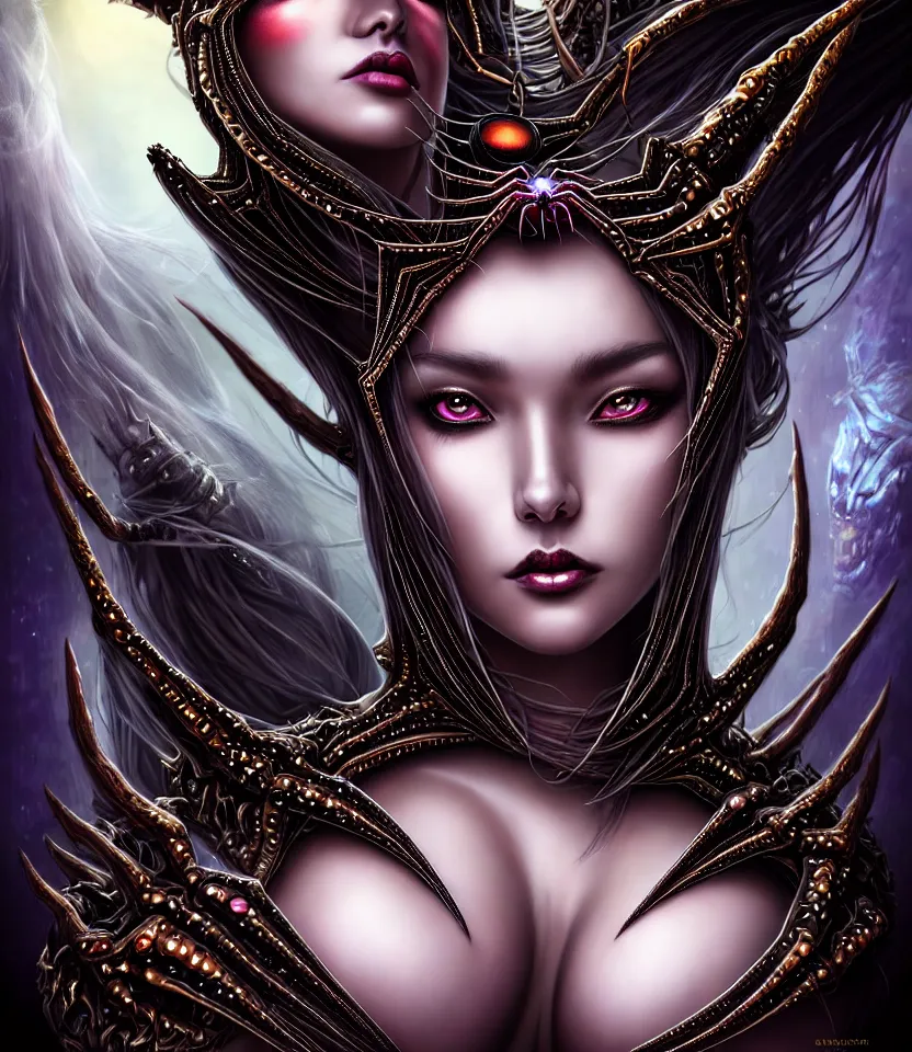 Image similar to close up portrait on the enchanting femenine queen of the zerg, hyper attractive, seductive, very complex, hyper-maximalist, overdetailed, legendary cinematic, darkfantasy, archetype with timeless beauty breathtaking eyes, her spider like legs spread evenly around her framing the image, collossal alien ship in the sky behind her, highly intricate, digital art, very elegant, HDR 8K, biblical art, realism, incomprehensible yet perspicious detail, unbeatable quality, silent hill aesthetic, photorealistic, lifelike, DSLR 8k, unbeatable coherency, Omnious intricate, octane render, created Nixeu & z--ed from deviantart