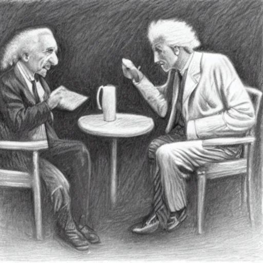 Image similar to Einstein and Tesla sitting at cafe, pencil drawing, ultra detailed