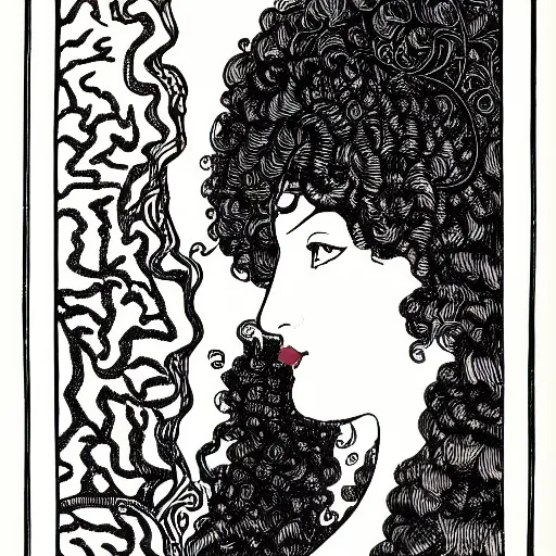 Image similar to filigree detailed illustration of a profile of gypsy girl with long curly hair and big goat horns, aubrey beardsley, woodcut