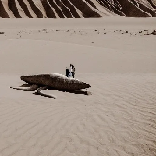 Image similar to 🐋🤖🦖🐉👽🐳 in desert, photography by bussiere rutkowski andreas roch