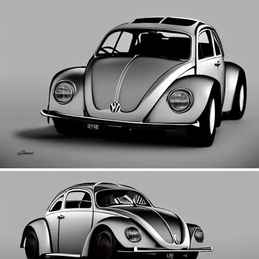 Image similar to What if Syd Mead designed a Volkswagen Beetle, gullwing side doors, concept art, trending on artstation