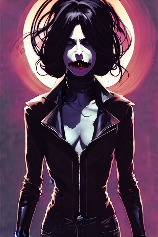 Image similar to rafael albuquerque comic art, peter mohrbacher, phil noto, steve niles, artgerm, pretty willa holland vampire sharp vampire teeth open mouth, symmetrical eyes, black leather jacket, jeans, long black hair