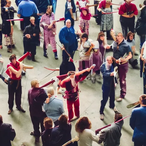 Image similar to people sword fighting at real estate auction, cinematic mid shots, high saturation color, where's wally