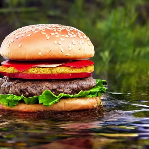 Image similar to a hamburger in a swamp, product photography