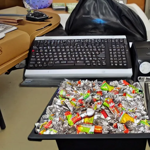 Image similar to a computer desk with screen mouse and keyboard covered and piled with discarded food and crushed soda cans and used chocolate wrappers