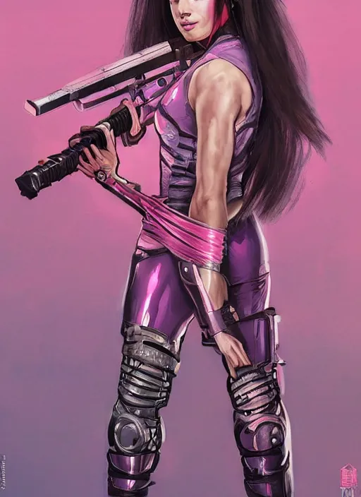 Prompt: beautiful cyberpunk female athlete in pink jumpsuit. lady cyberpunk katana. ad for cyberpunk katana. cyberpunk poster by james gurney, azamat khairov, and alphonso mucha. artstationhq. gorgeous face. painting with vivid color, cell shading. ( rb 6 s, cyberpunk 2 0 7 7 )