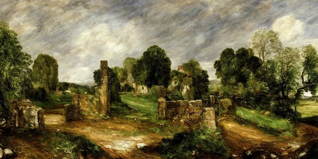 Image similar to a beautiful landscape painting of a quaint english countryside with a stone wall and gate, by john constable, oil on canvas, highly detailed, hd, 4 k