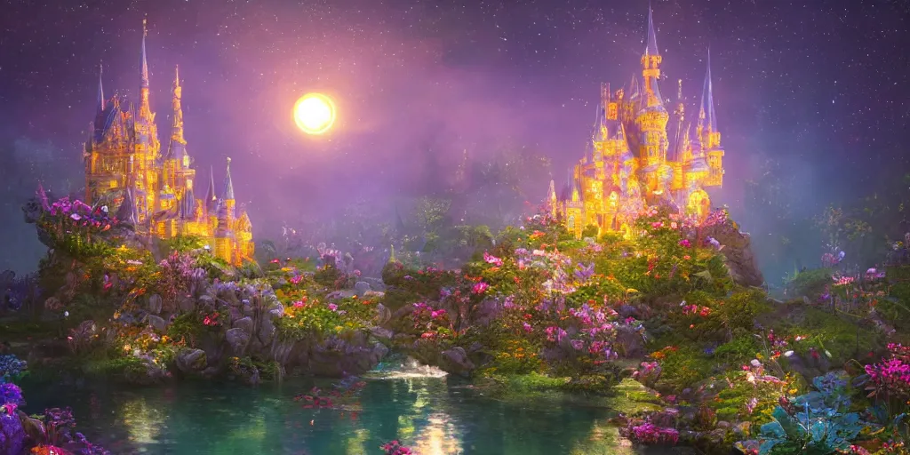 Image similar to a single glittering fairy castle at night, a full moon, water and colourful flowers, extremely detailed oil painting, unreal 5 render, fantasy digital art, octane render, beautiful composition, trending on artstation, award-winning photograph, masterpiece
