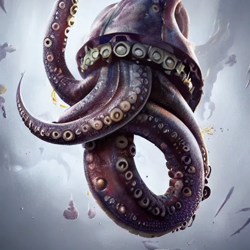 Image similar to hyperrealistic mixed media image of a cephalopod with proportional human hands, stunning 3 d render inspired art by greg rutkowski and xiang duan and thomas eakes, perfect symmetry, realistic, highly detailed attributes and atmosphere, dim volumetric cinematic lighting, 8 k octane extremely hyper - detailed render, post - processing, masterpiece,