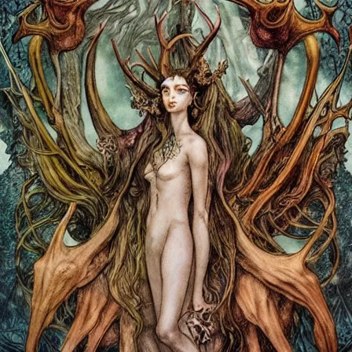 Prompt: a clothed monsterous scary inhuman group of unseelie with animal features including antlers by brian froud with art nouveau influence