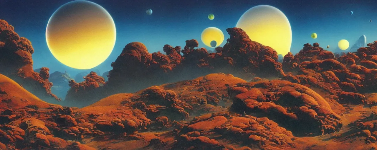 Image similar to outer planet landscape by roger dean, [ cinematic, epic, opening shot, establishing, mattepainting, 4 k ]