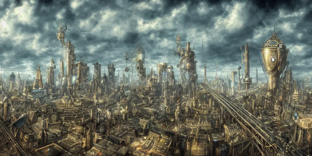 Prompt: steampunk city in the clouds, viewed from the bridge, giant tower in the middle, science fiction digital art, award winning, trending on artstation, digital art. highly detailed 8 k. intricate. lifelike. soft light. nikon d 8 5 0.