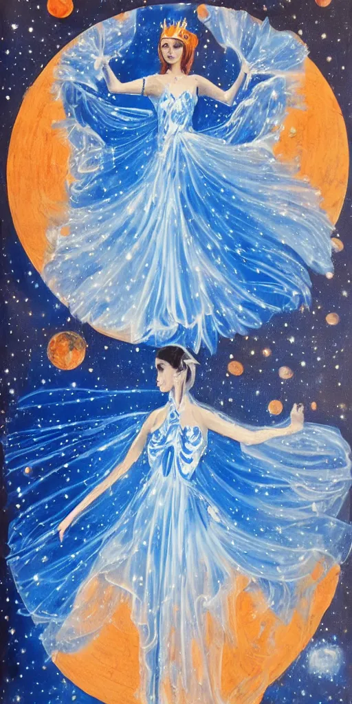 Image similar to full body of princess of mars theme inspired wearing blue and white carved details moving dress, she is floating in the air, planet mars in the background, open sky, highly detailed, mystical, little orange fog, circle forms, iper realistic, paint on canvas