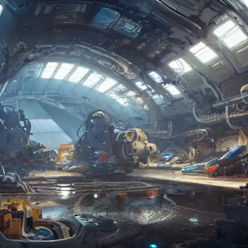 Prompt: the inside of a futuristic mechanic spaceshop coc, highly detailed interior, scrap metal on workbenches, half - finished robot, holographic screen in center frame by peter mohrbacher, trending on artstation, cryengine render, 8 k