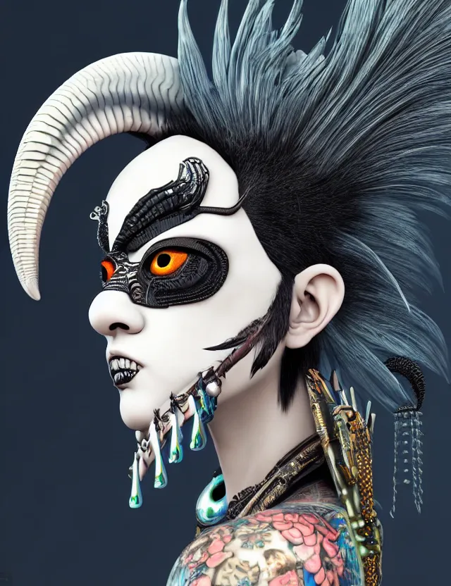 Image similar to 3 d goddess close - up profile portrait punk with mohawk with ram skull. beautiful intricately detailed japanese crow kitsune mask and clasical japanese kimono. betta fish, jellyfish phoenix, bio luminescent, plasma, ice, water, wind, creature, artwork by tooth wu and wlop and beeple and greg rutkowski