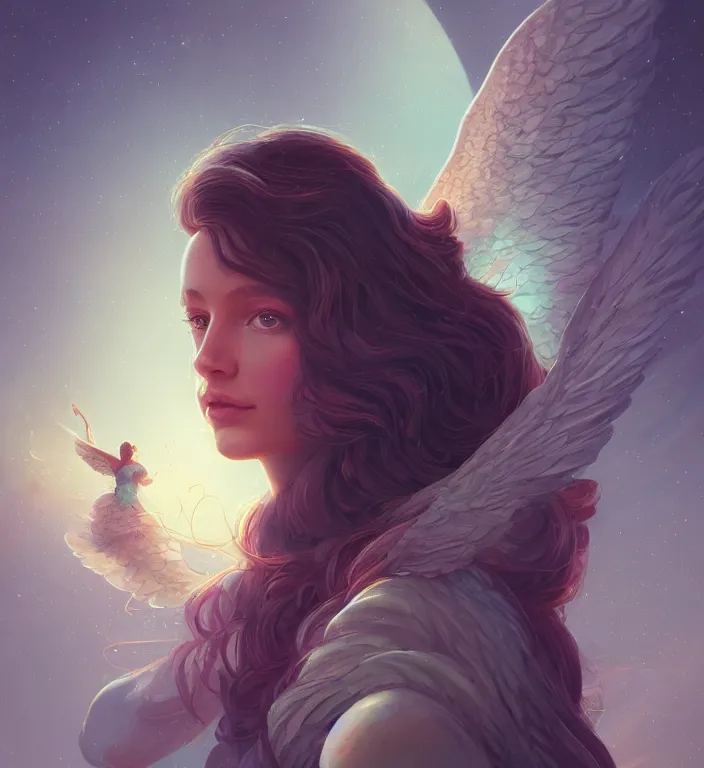 Prompt: centered waist up portrait photography an angel + bokeh + DOF + 8k, photorealistic + rendered in octane + illustration by Peter Mohrbacher and Hans Baluschek + line work by Dan Mumford