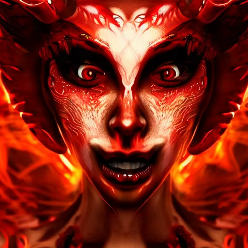 Image similar to stunning female demon surrounded in fire, korean, buddhist, naraka otherworldly rising from the fire, crystal amber eyes, wings, very detailed face, smile, monster teeth covered in red, dark and mysterious, full body, rococo, cinematic, epic, 4 k very detailed, trending in artstation