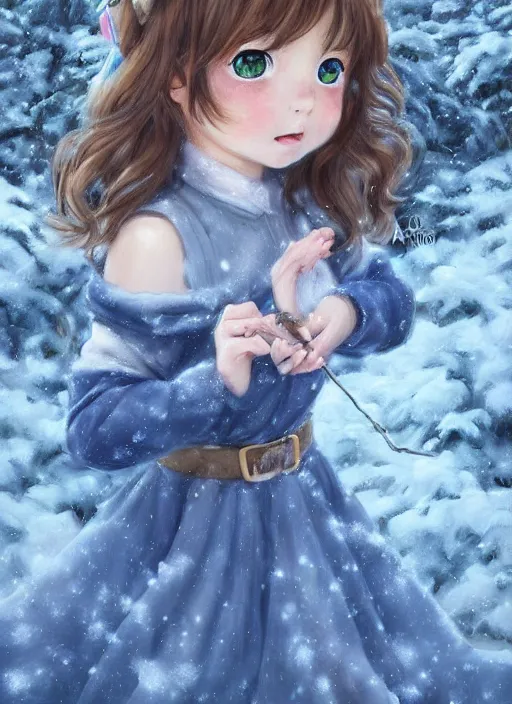 Image similar to A cute little girl with shoulder length curly brown hair and blue eyes in a snowy forest trying to catch snowflakes. beautiful fantasy art by By Artgerm and Hayao Miyazaki, trending on artstation.