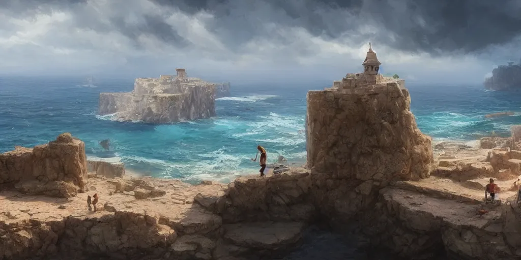 Image similar to looking out a car dash window to see mediterranean phoenician fishing village, over a chalk cliff, highly detailed, digital painting, artstation, concept art, sharp focus, illustration, art by artgerm and greg rutkowski and raphael lacoste and magali villeneuve