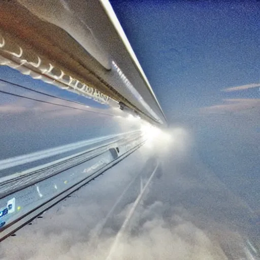 Image similar to train on sky flying through rails made out of clouds