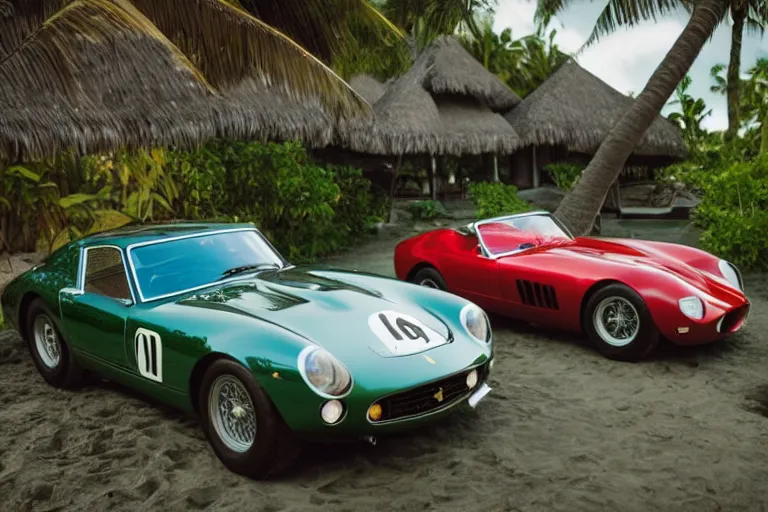 Image similar to cinematography of Ferrari 250 GTO series 2 in bora bora by Emmanuel Lubezki