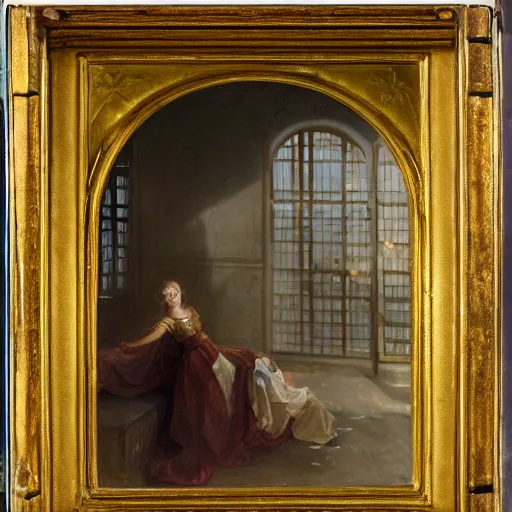 Prompt: representation of a royal girl in a doomed jail, with just a beam of light coming from a little window in the style of Francesco Raibolini, Italian painter, goldsmith and medalist