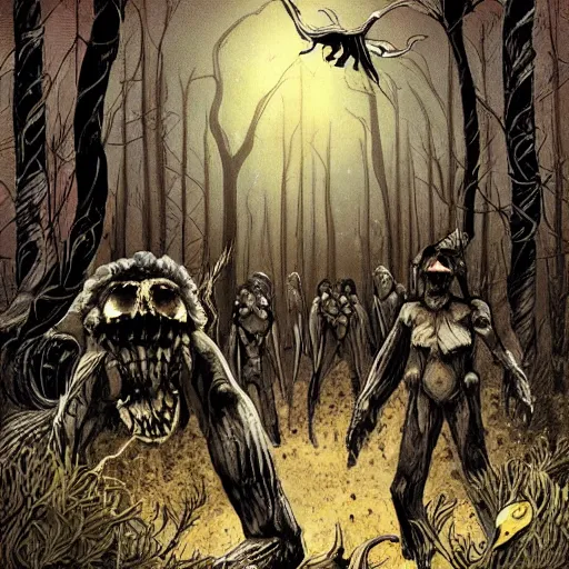 Prompt: sci - fi, hunters of monsters walking in a meat and bone forest, art by oscar chichoni