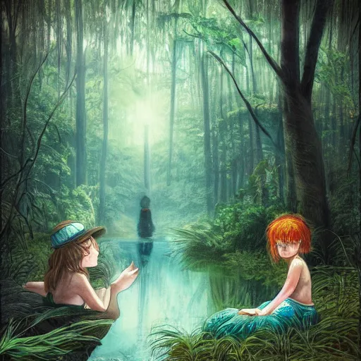 Image similar to forest child in a lake, ghibli, highly detailed faces, artwork, light, blue, fantasy