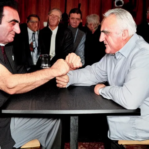 Image similar to Bertie Ahern arm wrestling Steven segal photorealistic in the style of a ansel adams