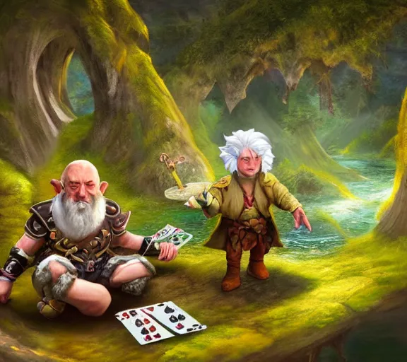 Prompt: fantasy halfling dice gambling with a white haired dwarf next to a shallow creek, oil painting, digital art, highly detailed, colorful, unreal engine, octane render, dramatic lighting, cinematic composition,