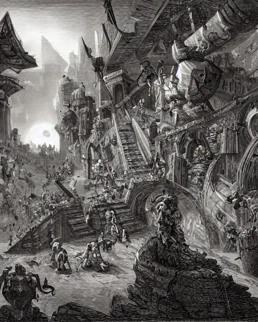 Image similar to a party of adventurers in an endless dungeon by Piranesi