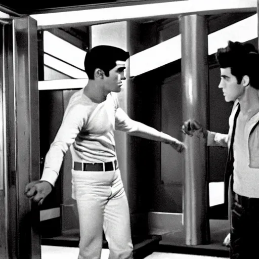 Prompt: Archie Andrews and Reggie Mantle fight in a futuristic hallway, movie still from Star Wars