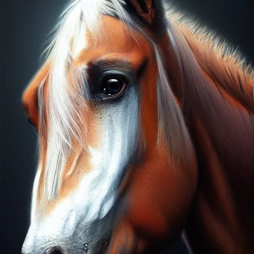 Image similar to horse face hyperrealistic portrait, photo realistic, poster, artstation, volumetric lighting, digital art, very detailed face by magali villeneuve