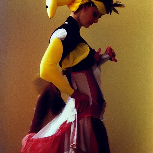 Image similar to elegant woman in a cosplay costume of pikachu, art photo by Annie Liebovitz and David Hamilton and Alphonse Mucha