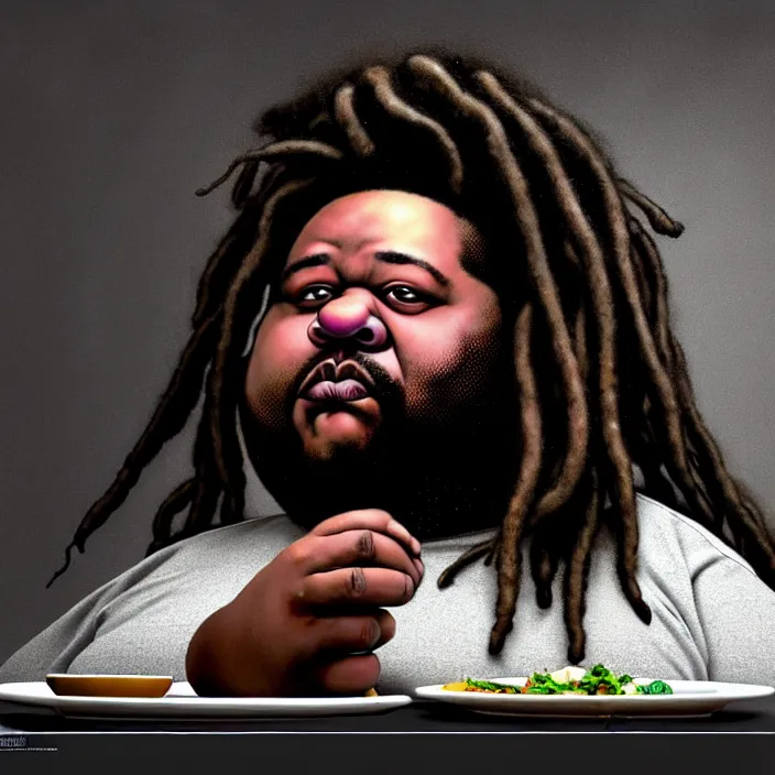 Image similar to hyperrealistic mixed media portrait of a moridly obese black man with dreads being sitting alone at a restaurant, depressing and hopeless vibe, stunning 3d render inspired art by P. Craig Russell and Barry Windsor-Smith + perfect facial symmetry + dim volumetric lighting, 8k octane beautifully detailed render, post-processing, extremely hyperdetailed, epic composition, grim yet sparkling atmosphere, cinematic lighting + masterpiece, trending on artstation