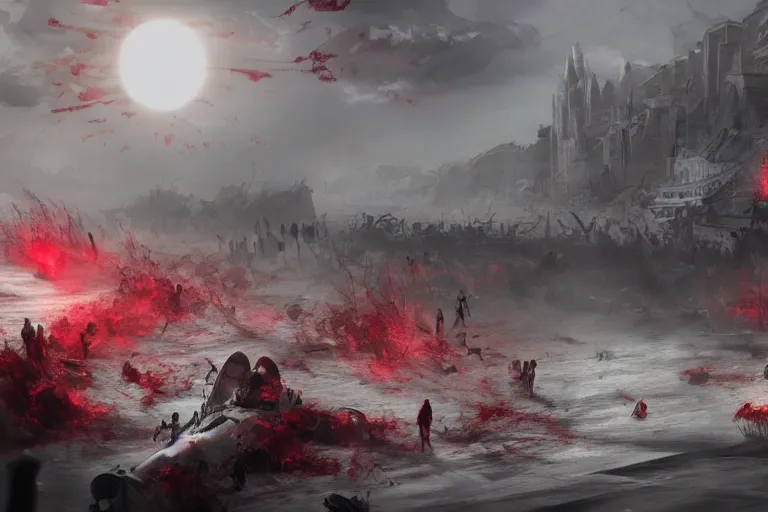 Image similar to concept art of realistic blood tsunami crash to city center in the middle of eclipse, artstation, old testament angels with 10 eyes rise, people