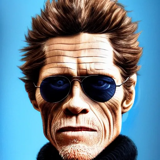 Prompt: black background, colored colorized portrait, colored colorized photograph, willem dafoe with short yet messy wavy hair, aviator sunglasses, and wearing a blue turtleneck and an expensive black blazer, realistic hyperrealistic 4 k resolution 8 k resolution highly detailed very detailed extremely detailed hd quality detailed face very detailed face extremely detailed face trending on artstation, modern portrait, modern photograph