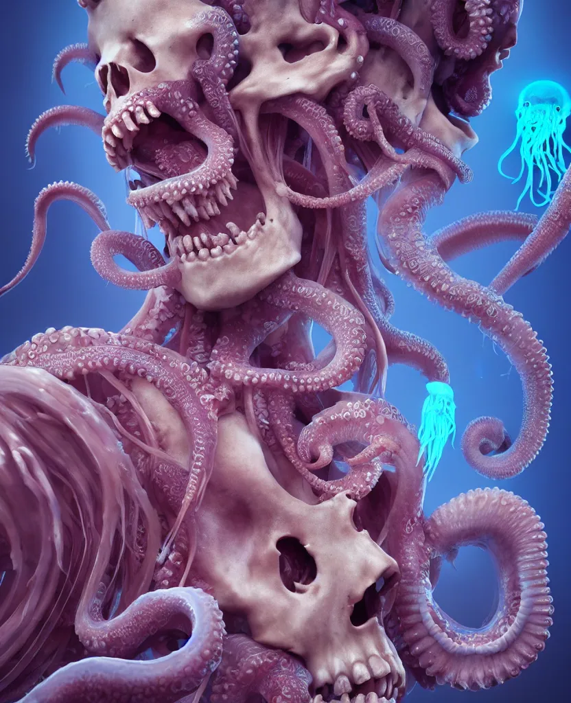 Image similar to goddess close - up portrait human skeleton, ram skull, octopus, jellyfish, orchid, betta fish, bioluminiscent, intricate artwork by tooth wu and wlop and beeple. octane render, trending on artstation, greg rutkowski very coherent symmetrical artwork. cinematic, hyper realism, high detail, octane render, 8 k