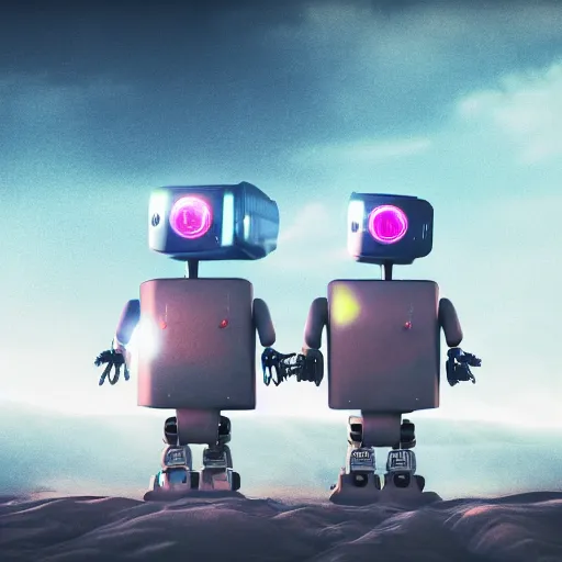 Prompt: 2 robots holding hands while watching the apocalypse, cinematic, 4k