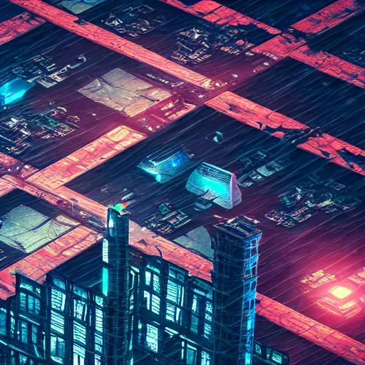 Image similar to 8 k artstation photograph rainy city crumbling ruins scifi cyberpunk aesthetic hyper realistic aerial view top down