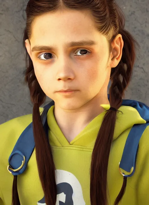 Image similar to An epic fantasy comic book style portrait painting of a young green-eyed feminine boy, fair skin, long brown hair worn in two pigtails, with his left pigtail being shorter than his right, he wears a yellow hoodie with a grey undershirt, unreal 5, DAZ, hyperrealistic, octane render, cosplay, RPG portrait, dynamic lighting