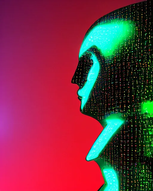 Prompt: dramatic cyberpunk portrait of a metallic featureless statue, crystalline, red glow, green glow, blue glow, atmospheric haze, intense shading, chromatic aberration, glitch, backlit, bokeh, centered